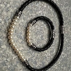 HONORA White Pearl & Black Braided Leather Necklace/Bracelet Set